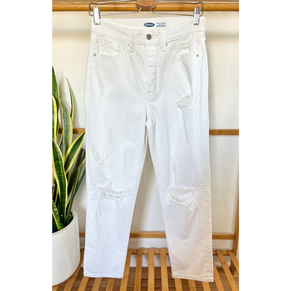 Old Navy Distressed White Sky-High Straight Leg Jeans